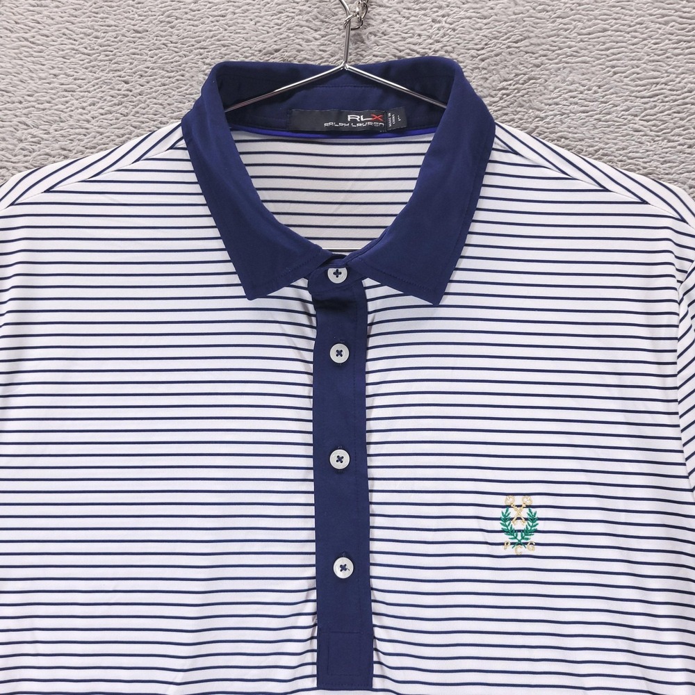 RLX Ralph Lauren Polo Shirt Mens L White Stripe Golf Performance PGC Crest